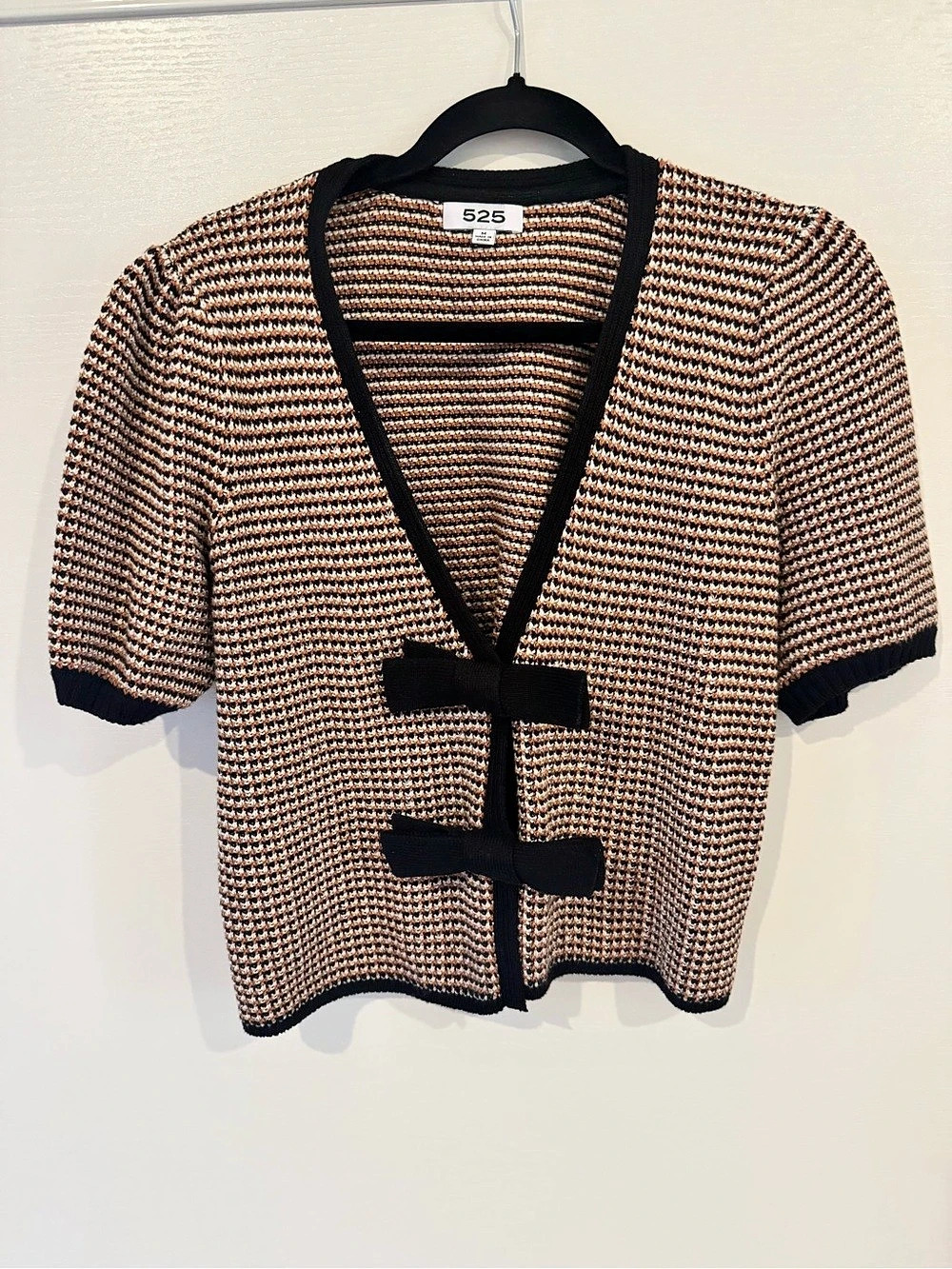 525 America Elaine Cotton Puff Sleeve Bow Cardigan – Brown/Black/Cream Knit, M